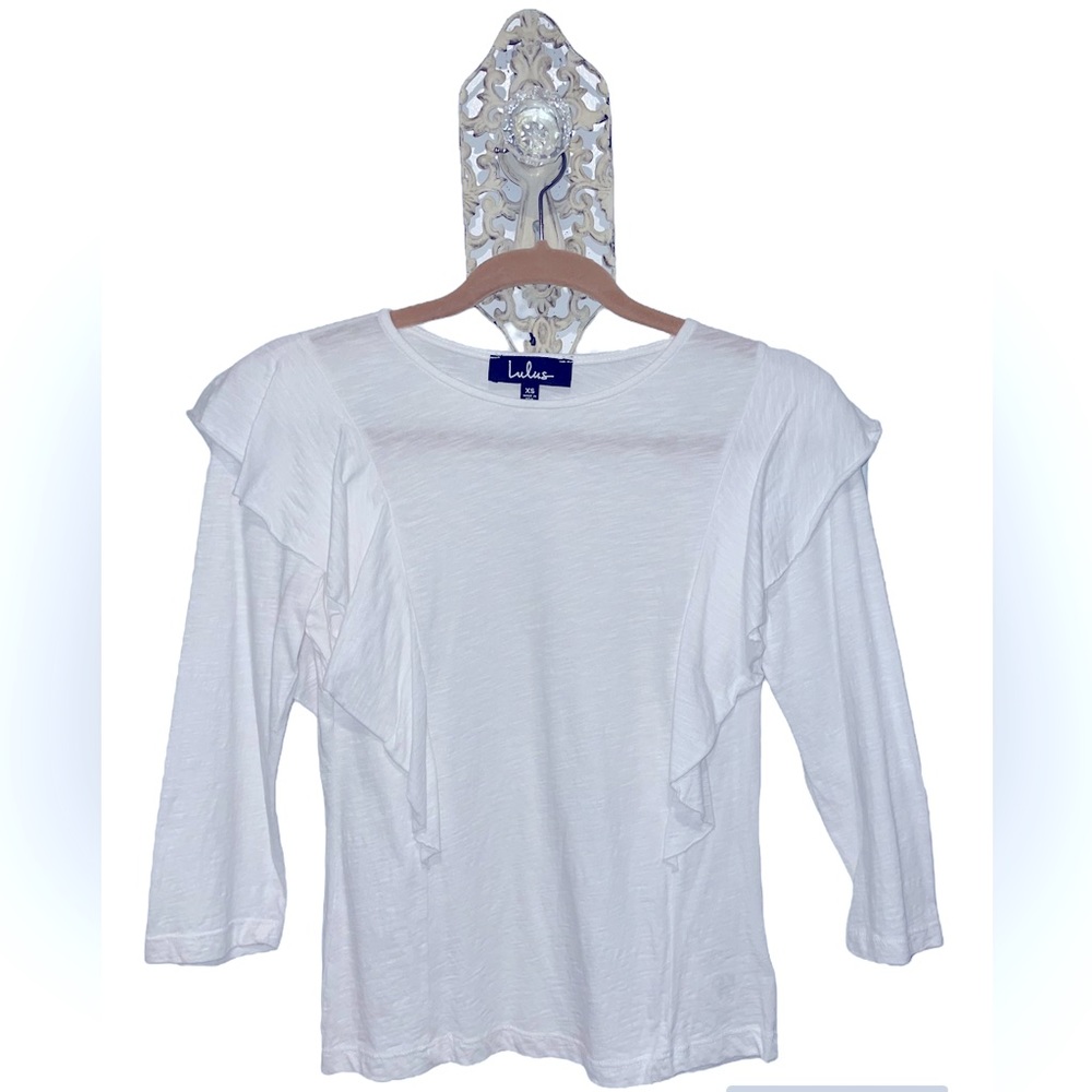 Lulu’s White 3/4 Sleeve Top with Ruffle Details Size XS